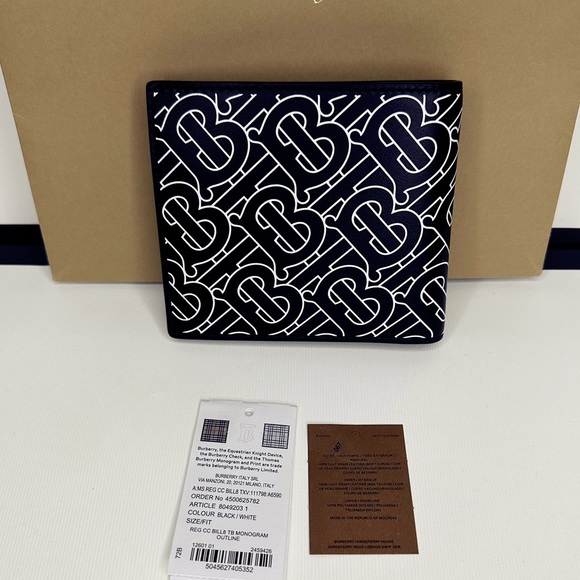 BURBERRY TB MONOGRAM PRINT LOGO OFF-WHITE BLACK LEATHER BIFOLD BILL WALLET NWT - Picture 2 of 13